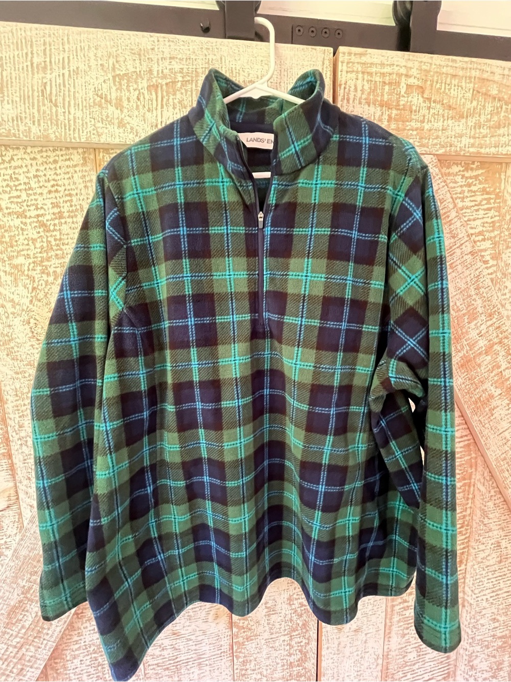 Lands' End Women’s Green & Navy Plaid Half-Zip Fleece Pullover XXL